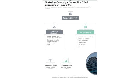Marketing Campaign Proposal For Client Engagement About Us One Pager Sample Example Document Marketing Campaign Proposal For Client Engagement About Us One Pager Sample Example Document