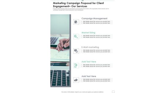 Marketing Campaign Proposal For Client Engagement Our Services One Pager Sample Example Document Marketing Campaign Proposal For Client Engagement Our Services One Pager Sample Example Document