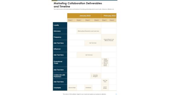 Marketing Collaboration Deliverables And Timeline One Pager Sample Example Document Marketing Collaboration Deliverables And Timeline One Pager Sample Example Document