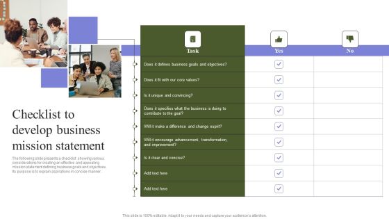 Marketing Mix Strategy Handbook Checklist To Develop Business Mission Statement Designs PDF