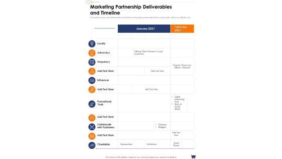 Marketing Partnership Deliverables And Timeline One Pager Sample Example Document Marketing Partnership Deliverables And Timeline One Pager Sample Example Document