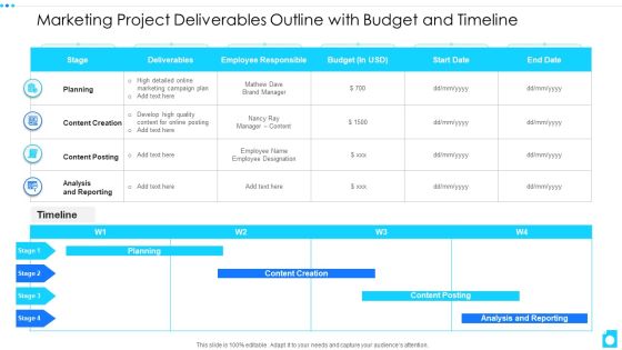 Marketing Project Deliverables Outline With Budget And Timeline Formats PDF Marketing Project Deliverables Outline With Budget And Timeline Formats PDF