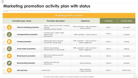 Marketing Promotion Activity Plan With Status Ppt Gallery Visual Aids PDF Marketing Promotion Activity Plan With Status Ppt Gallery Visual Aids PDF