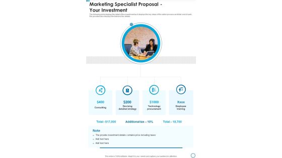 Marketing Specialist Proposal Your Investment One Pager Sample Example Document