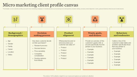 Marketing Techniques For Increasing Target Audience Micro Marketing Client Profile Canvas Demonstration PDF