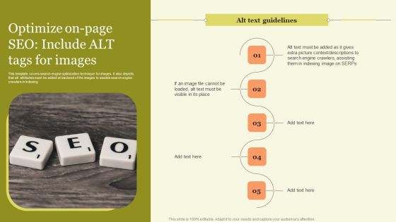 Marketing Techniques For Increasing Target Audience Optimize On Page Seo Include Alt Tags For Images Ideas PDF
