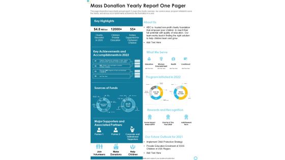 Mass Donation Yearly Report One Pager One Pager Documents