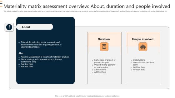 Materiality Matrix Assessment Overview About Duration And People Involved Ppt Infographic Template Visual Aids PDF Materiality Matrix Assessment Overview About Duration And People Involved Ppt Infographic Template Visual Aids PDF