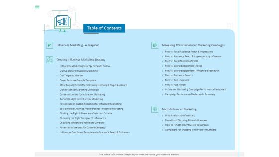 Measuring Influencer Marketing ROI Table Of Contents Ppt Visual Aids Ideas PDF Measuring Influencer Marketing ROI Table Of Contents Ppt Visual Aids Ideas PDF