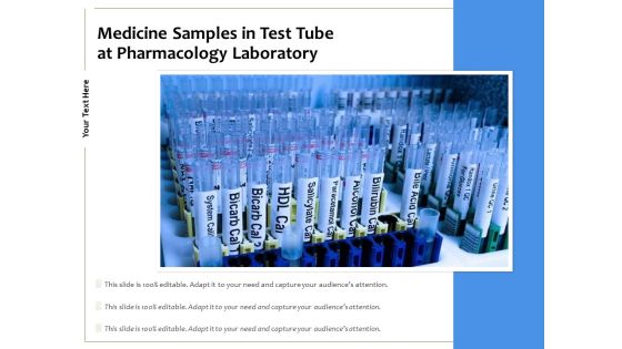 Medicine Samples In Test Tube At Pharmacology Laboratory Ppt PowerPoint Presentation Show Graphic Images PDF