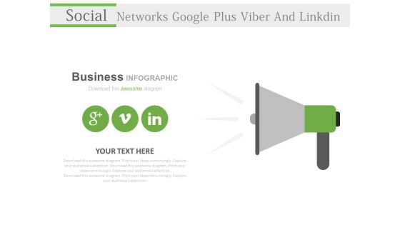 Megaphone With Three Social Media Icons Powerpoint Slides