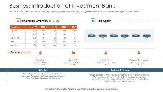Merger Agreement Pitch Deck Business Introduction Of Investment Bank Template PDF