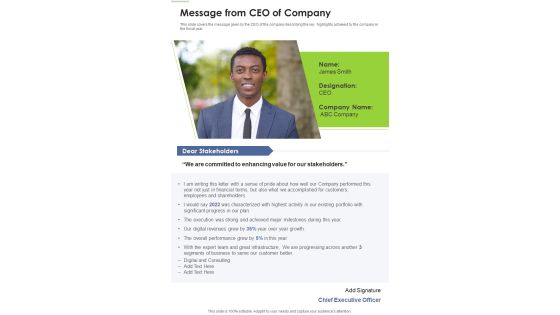 Message From CEO Of Company Template 325 One Pager Documents Message From CEO Of Company Template 325 One Pager Documents