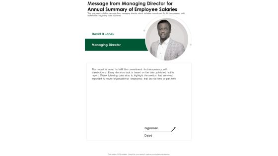 Message From Managing Director For Annual Summary Of Employee Salaries One Pager Documents Message From Managing Director For Annual Summary Of Employee Salaries One Pager Documents