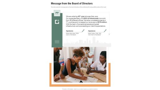 Message From The Board Of Directors One Pager Documents