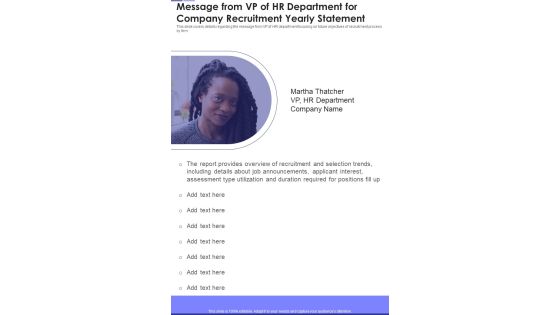 Message From VP Of HR Department For Company Recruitment Yearly Statement One Pager Documents