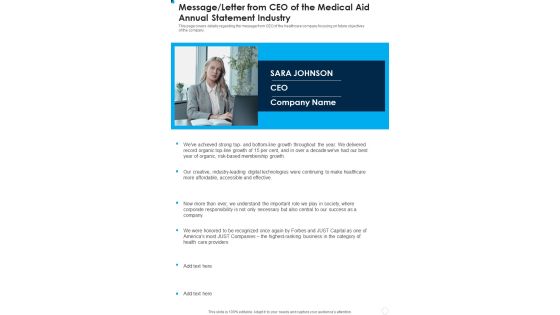 Message Letter From CEO Of The Medical Aid Annual Statement Industry One Pager Documents