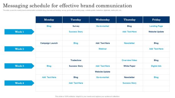 Messaging Schedule For Effective Brand Communication Executing Brand Communication Strategy Brochure PDF Messaging Schedule For Effective Brand Communication Executing Brand Communication Strategy Brochure PDF