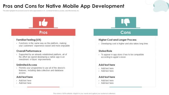 Mobile Application Development Pros And Cons For Native Mobile App Development Background PDF