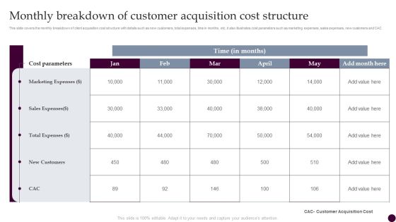 Monthly Breakdown Of Customer Acquisition Cost Structure Strategies For Acquiring Consumers Mockup PDF