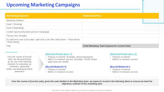 Monthly Digital Marketing Report Template Upcoming Marketing Campaigns Infographics PDF