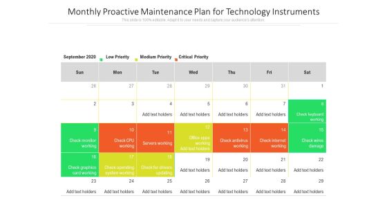 Monthly Proactive Maintenance Plan For Technology Instruments Ppt PowerPoint Presentation File Brochure PDF