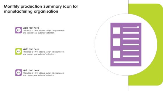 Monthly Production Summary Icon For Manufacturing Organisation Background PDF Monthly Production Summary Icon For Manufacturing Organisation Background PDF