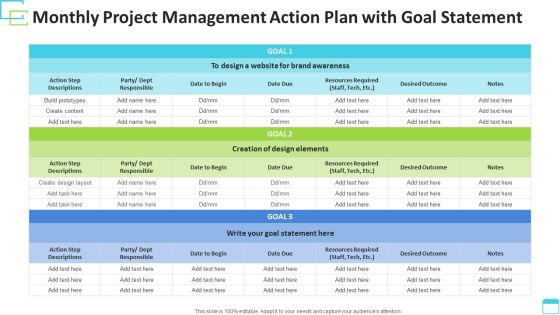 Monthly Project Management Action Plan With Goal Statement Portrait PDF Monthly Project Management Action Plan With Goal Statement Portrait PDF