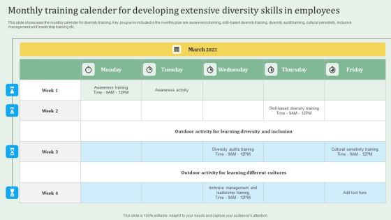 Monthly Training Calender For Developing Extensive Diversity Skills In Employees Themes PDF