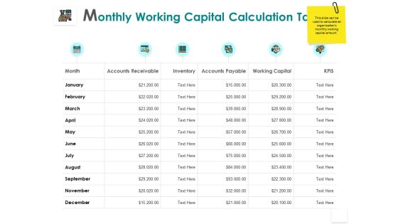 Monthly Working Capital Calculation Table Inventory Strategy Ppt PowerPoint Presentation Icon Picture Monthly Working Capital Calculation Table Inventory Strategy Ppt PowerPoint Presentation Icon Picture