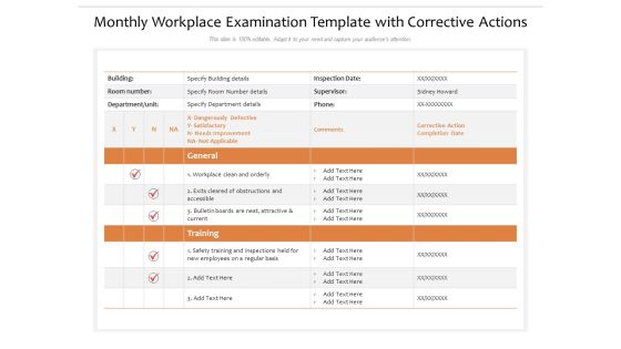 Monthly Workplace Examination Template With Corrective Actions Ppt PowerPoint Presentation Icon Elements PDF Monthly Workplace Examination Template With Corrective Actions Ppt PowerPoint Presentation Icon Elements PDF
