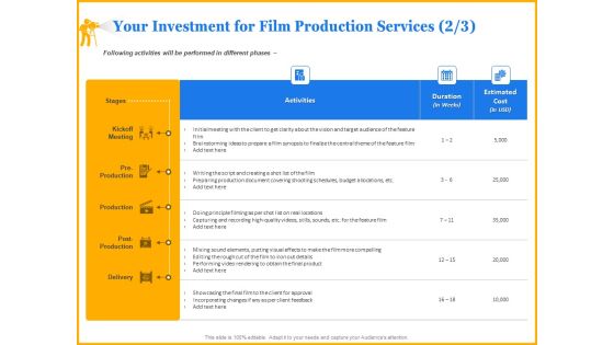 Movie Production Proposal Template Your Investment For Film Production Services Meeting Information PDF Movie Production Proposal Template Your Investment For Film Production Services Meeting Information PDF