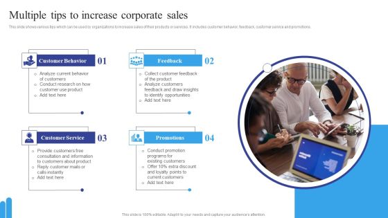 Multiple Tips To Increase Corporate Sales Icons PDF