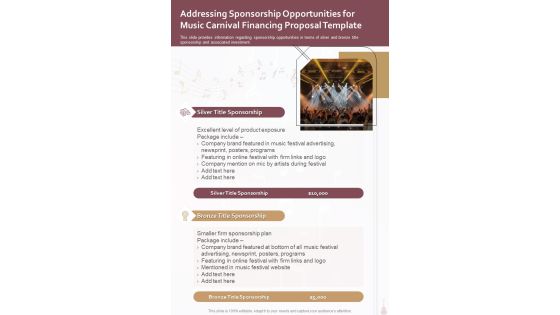 Music Carnival Financing Addressing Sponsorship Opportunities One Pager Sample Example Document Music Carnival Financing Addressing Sponsorship Opportunities One Pager Sample Example Document