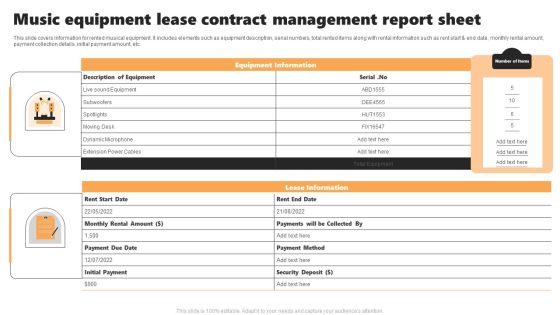 Music Equipment Lease Contract Management Report Sheet Slides PDF