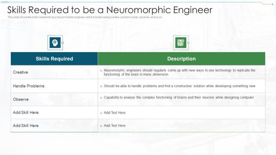 Neuromorphic Engineering IT Skills Required To Be A Neuromorphic Engineer Infographics PDF