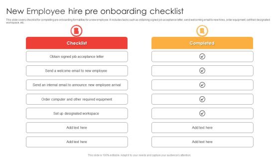 New Employee Hire Pre Onboarding Checklist Ppt File Format Ideas PDF