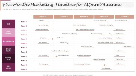 New Market Segment Entry Plan Five Months Marketing Timeline For Apparel Business Microsoft PDF New Market Segment Entry Plan Five Months Marketing Timeline For Apparel Business Microsoft PDF