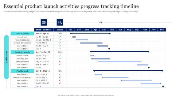 New Product Launch To Market Playbook Essential Product Launch Activities Progress Tracking Timeline Information PDF New Product Launch To Market Playbook Essential Product Launch Activities Progress Tracking Timeline Information PDF