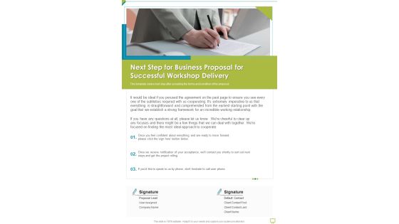 Next Step For Business Proposal For Successful Workshop Delivery One Pager Sample Example Document Next Step For Business Proposal For Successful Workshop Delivery One Pager Sample Example Document