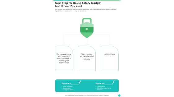 Next Step For House Safety Gadget Installment Proposal One Pager Sample Example Document