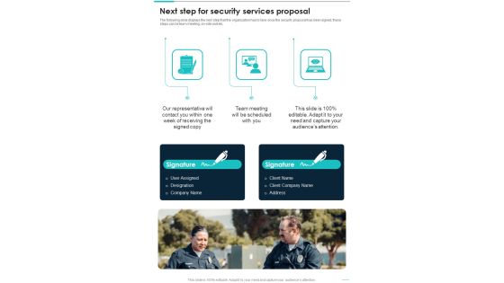 Next Step For Security Services Proposal One Pager Sample Example Document Next Step For Security Services Proposal One Pager Sample Example Document