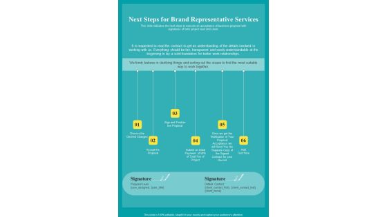 Next Steps For Brand Representative Services One Pager Sample Example Document Next Steps For Brand Representative Services One Pager Sample Example Document