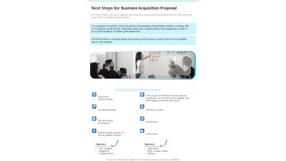 Next Steps For Business Acquisition Proposal One Pager Sample Example Document Next Steps For Business Acquisition Proposal One Pager Sample Example Document