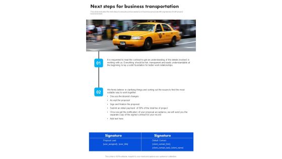 Next Steps For Business Transportation One Pager Sample Example Document Next Steps For Business Transportation One Pager Sample Example Document
