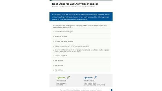 Next Steps For CSR Activities Proposal One Pager Sample Example Document Next Steps For CSR Activities Proposal One Pager Sample Example Document