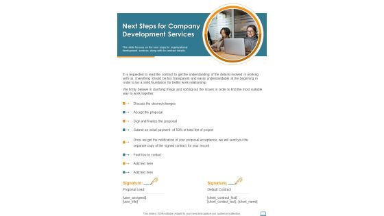 Next Steps For Company Development Services One Pager Sample Example Document