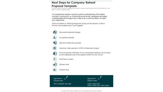 Next Steps For Company Retreat Proposal Template One Pager Sample Example Document Next Steps For Company Retreat Proposal Template One Pager Sample Example Document