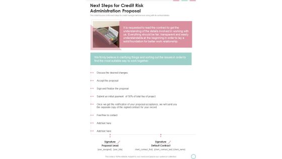 Next Steps For Credit Risk Administration Proposal One Pager Sample Example Document Next Steps For Credit Risk Administration Proposal One Pager Sample Example Document