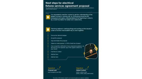 Next Steps For Electrical Fixtures Services Agreement Proposal One Pager Sample Example Document Next Steps For Electrical Fixtures Services Agreement Proposal One Pager Sample Example Document